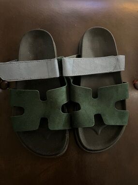Suede Cutout Slide Sandals in Dark Green and Gray